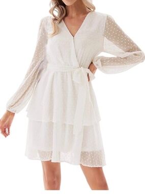 🌹Grace Karin Swiss Dot Dress Wrap V Neck Lantern Long Sleeve Dress - size S